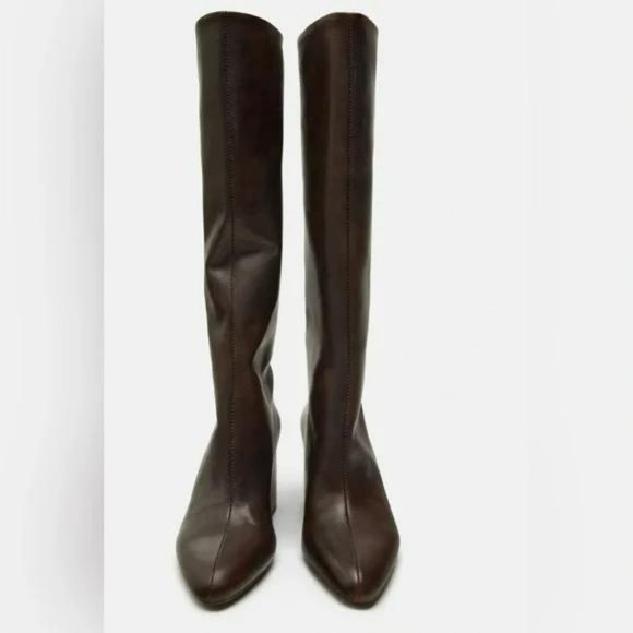 ZARA 100% COW LEATHER HEELED KNEE HIGH BOOTS - Picture 1 of 9